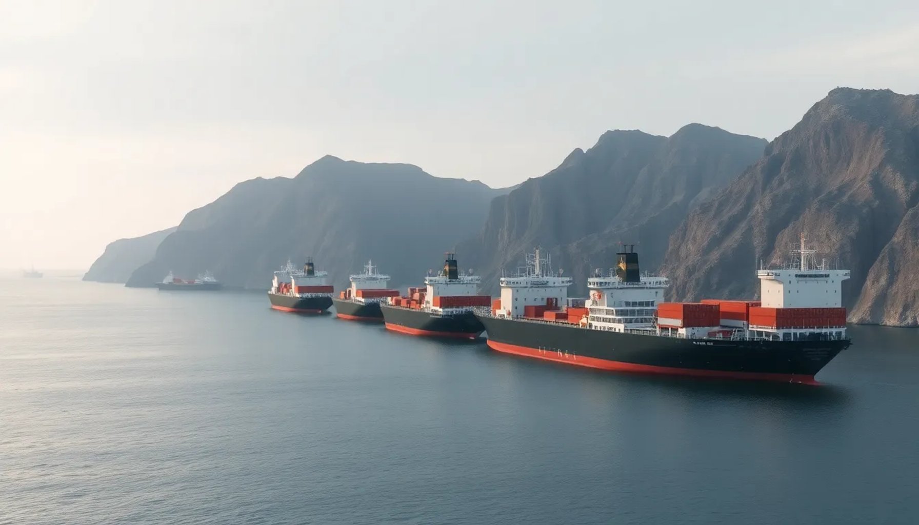 Buques mercantes esperando en una bahía cerca del estrecho de Ormuz bajo un cielo nublado