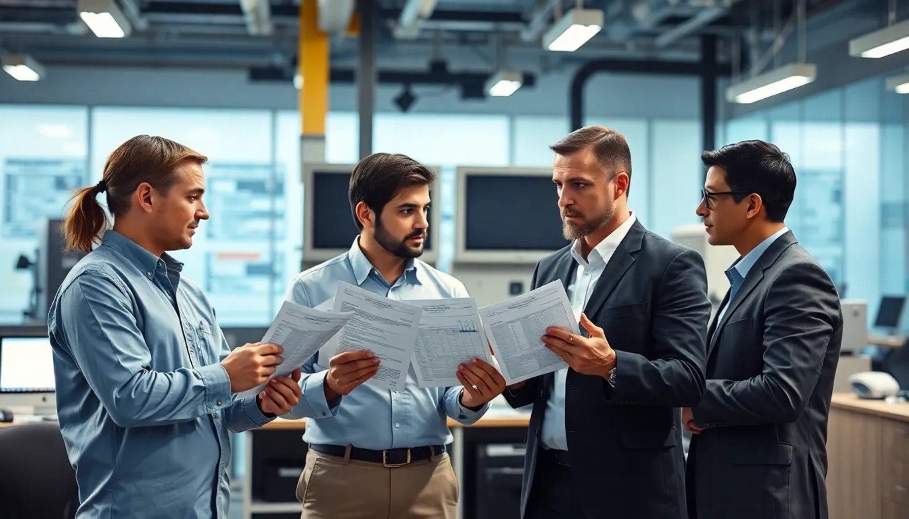 Ejecutivo de la industria militar española revisando salarios en una oficina moderna