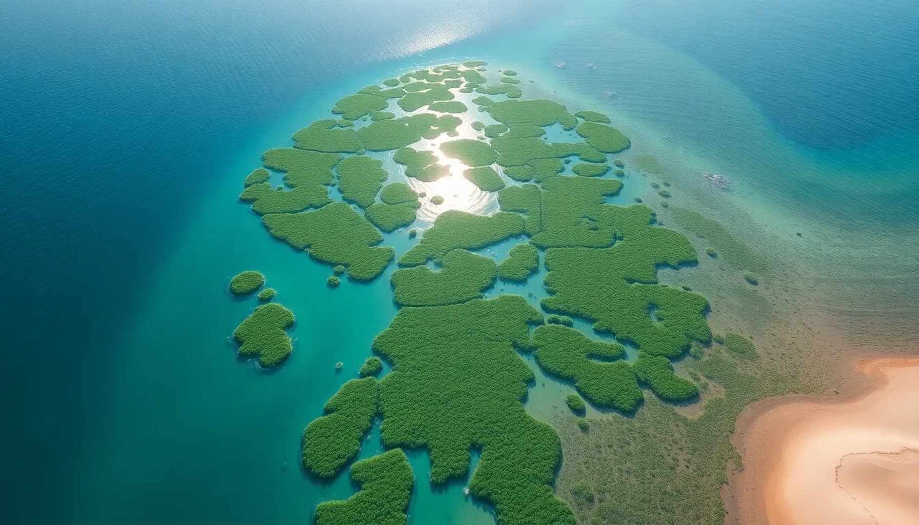 Vista aérea de la bahía de La Línea con áreas de plantación de praderas marinas emergentes