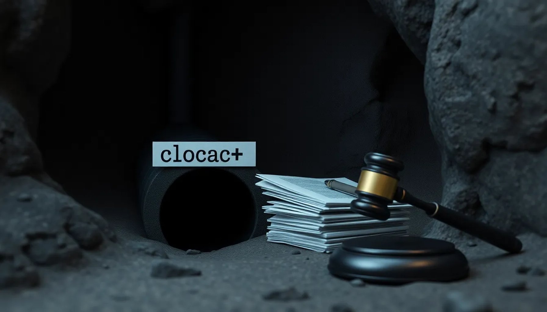 Ilustración simbólica de un drenaje conectado a documentos de una comisión de investigación, sin texto visible