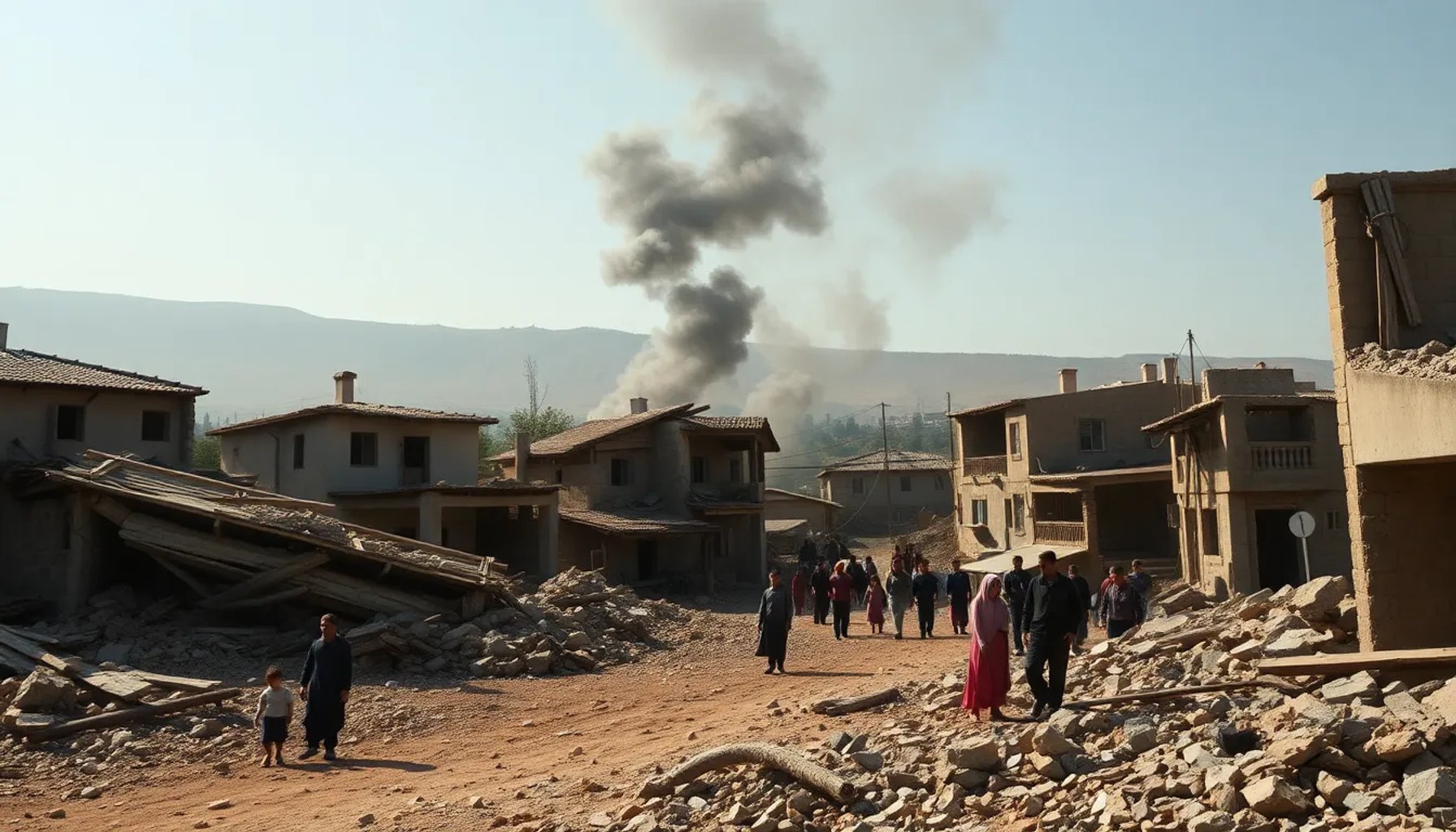 Destrucción de viviendas en el sur de Líbano tras la ofensiva israelí, con escombros y gente desplazada