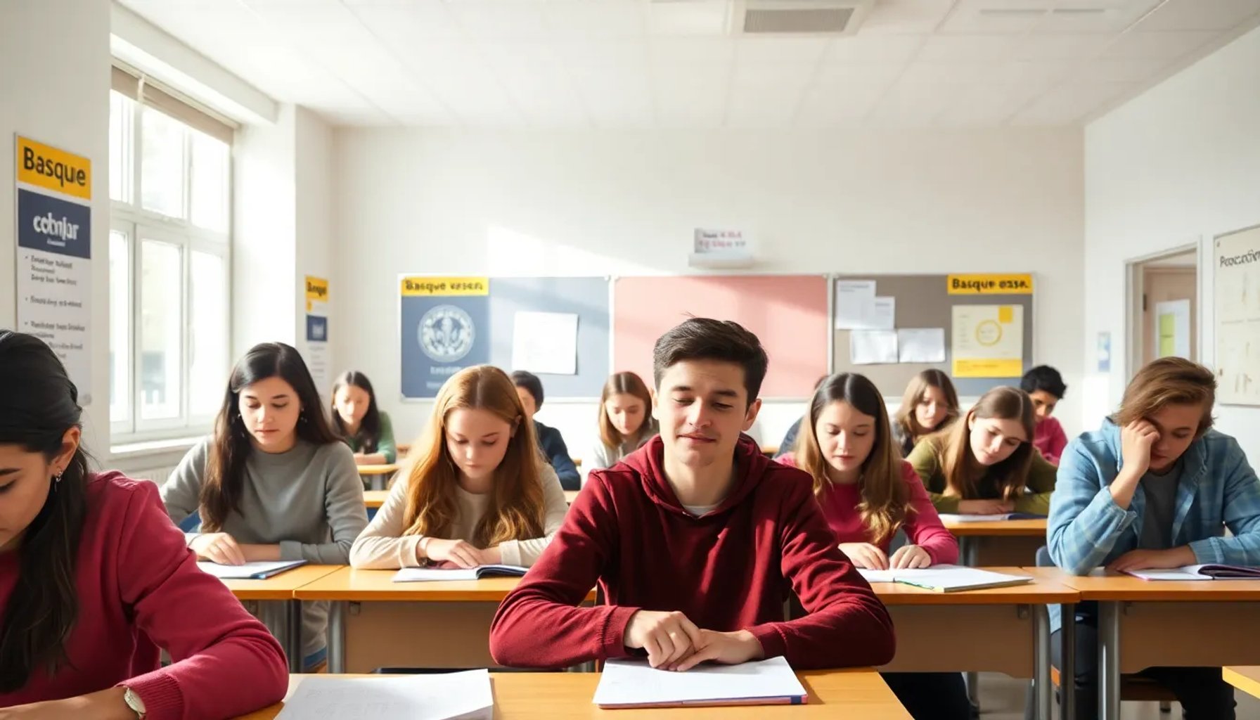 Grupo de estudiantes vascos realizando la prueba de acceso a la universidad en una aula con señales en euskera y castellano