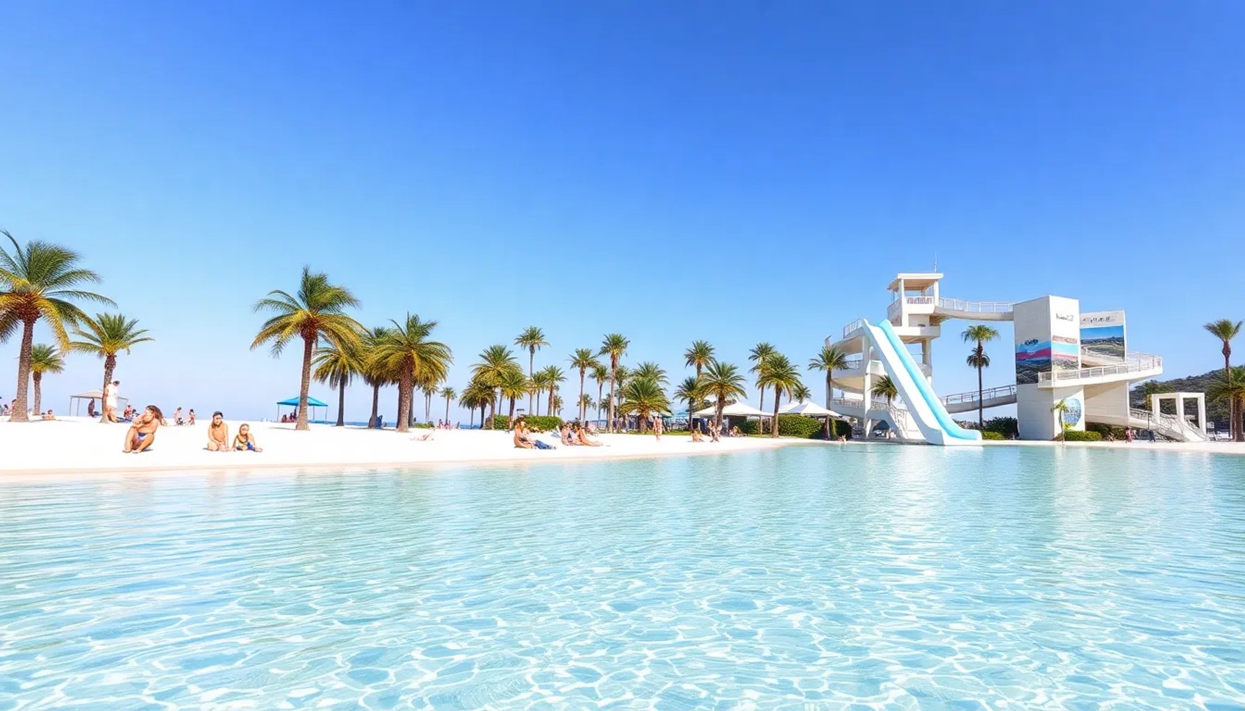 Playa artificial de Madrid con agua salada, arena blanca y gran tobogán acuático bajo cielo despejado