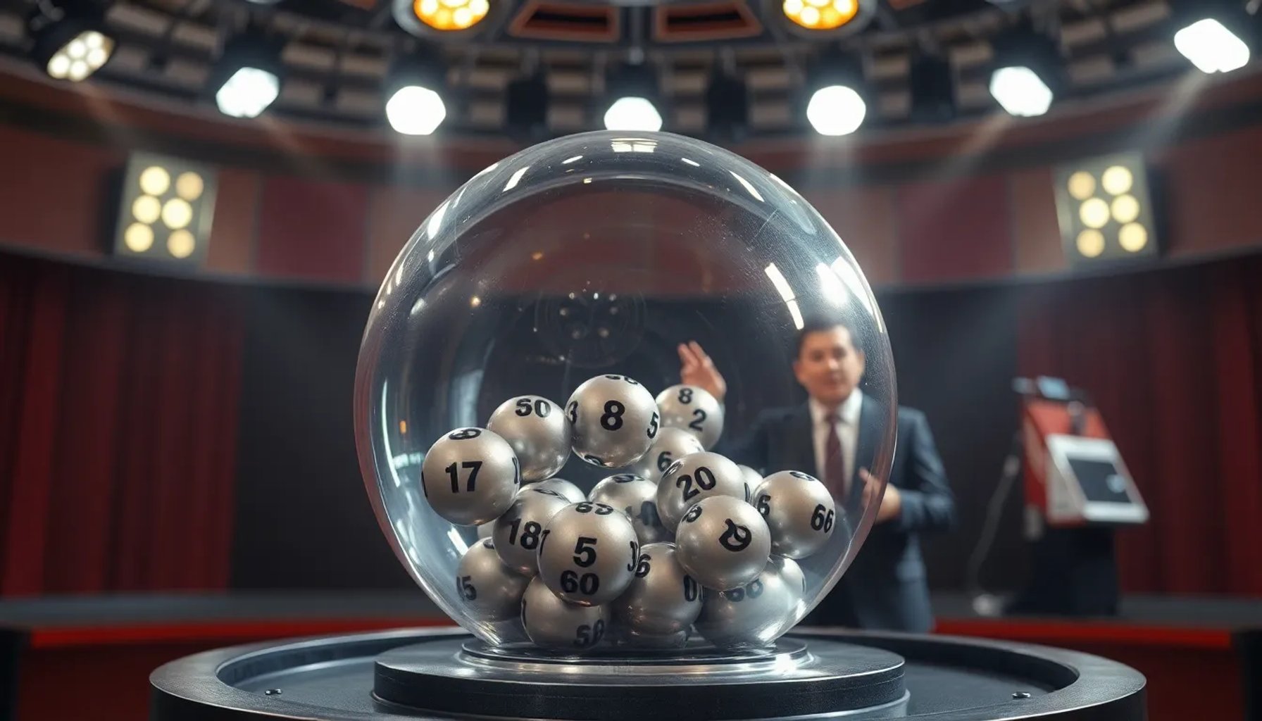 Máquina de sorteo de La Primitiva en acción con bolas numeradas bajo luces brillantes