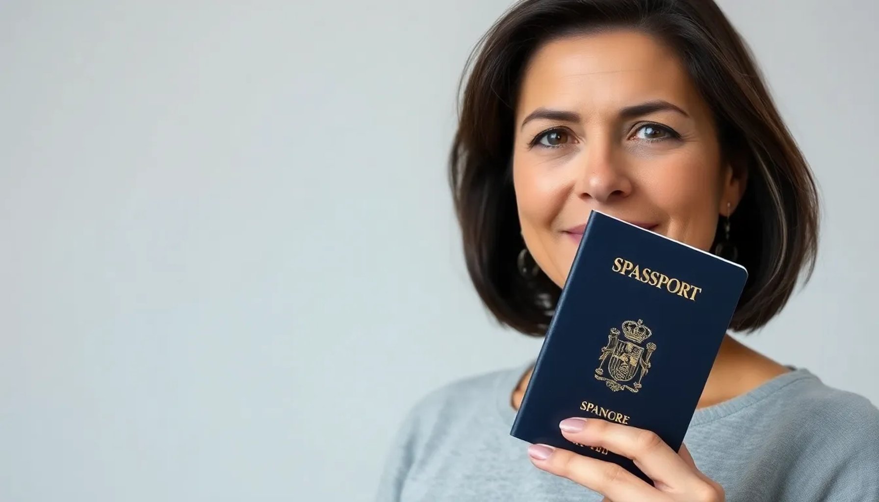 Begoña Gómez mirando un pasaporte cerrado sobre una mesa, fondo neutro y luz suave