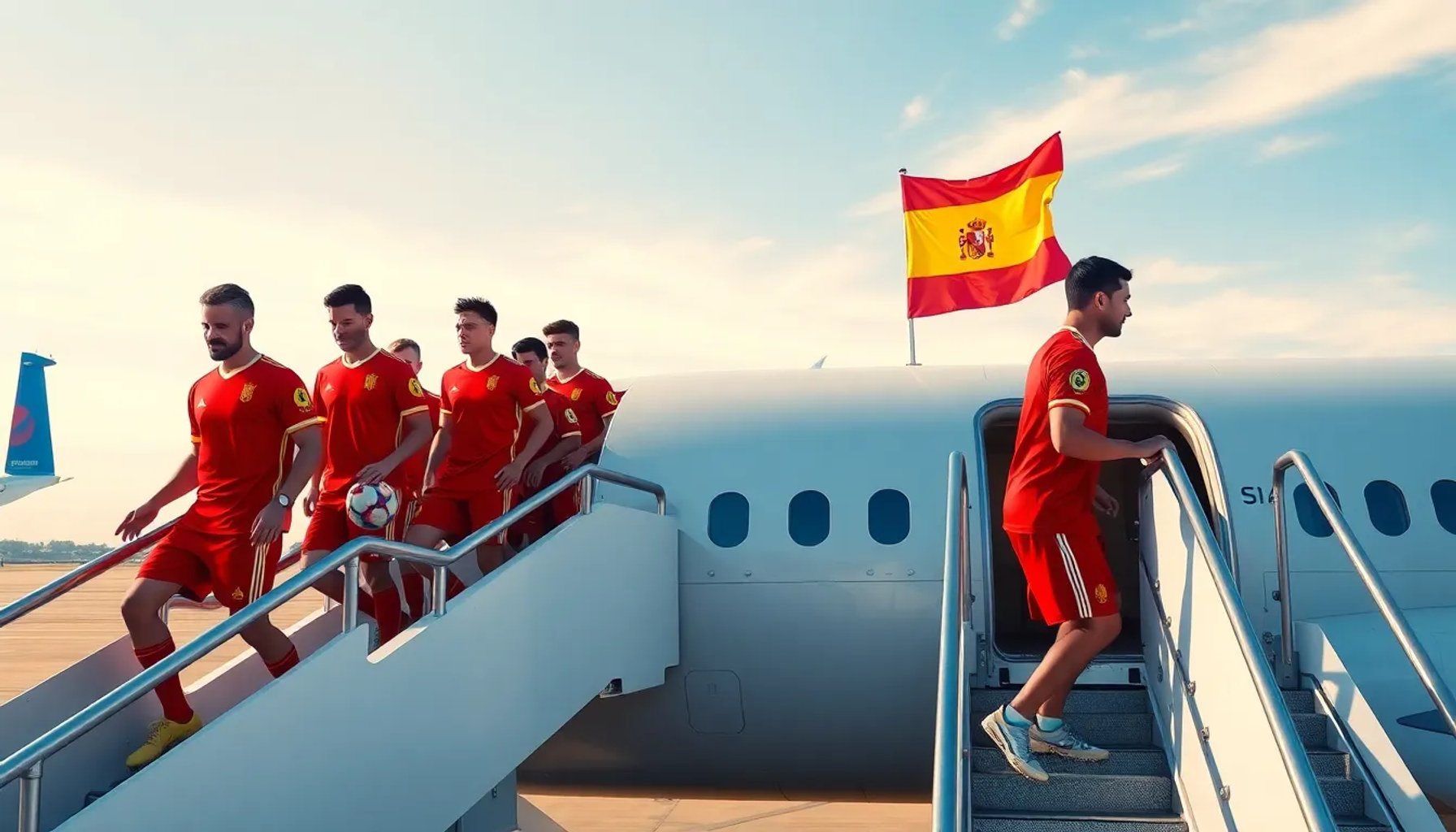 Jugadores de la selección española de fútbol abordando un avión rumbo a Estados Unidos