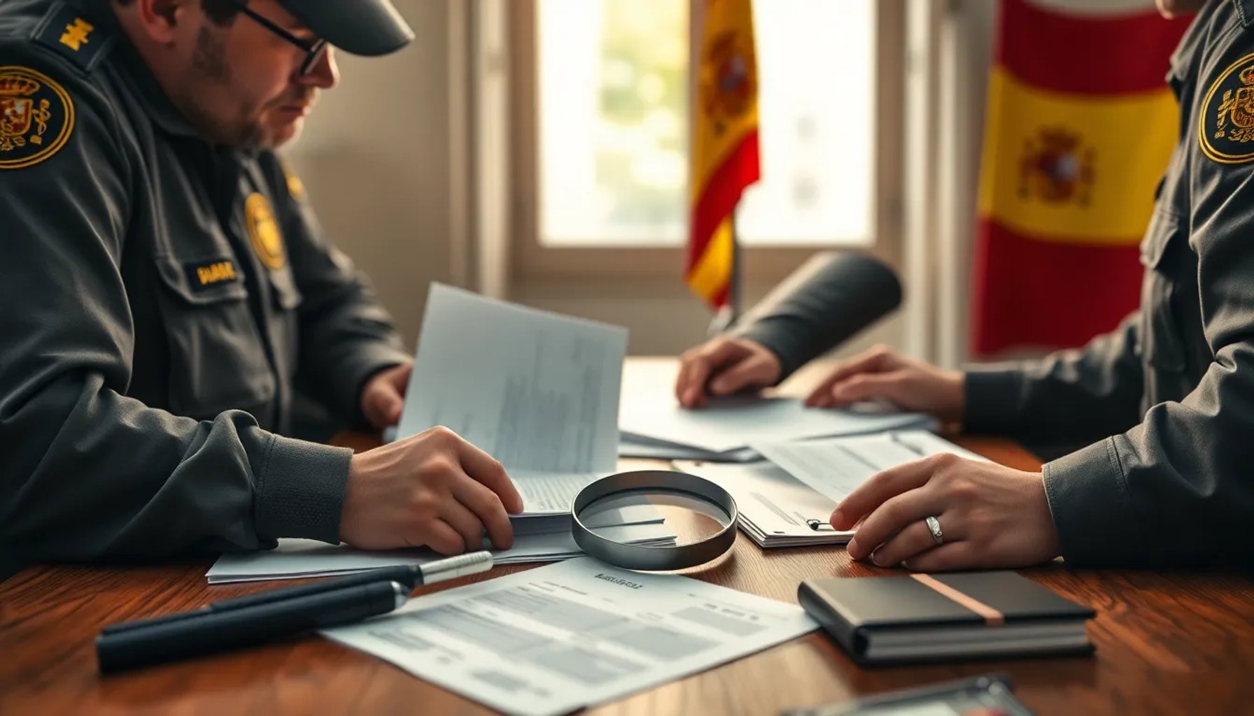 Agentes de la UCO revisando facturas y documentos financieros sobre una mesa de trabajo