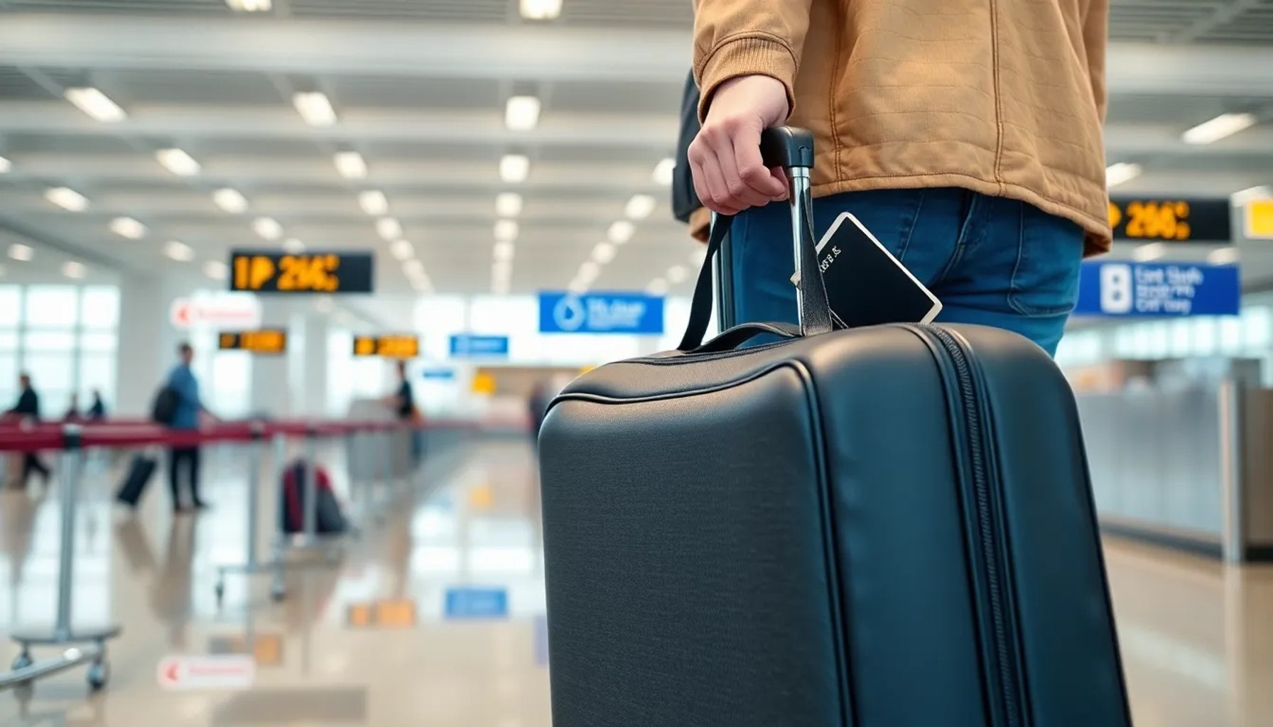Pasajero mostrando su maleta de mano en el mostrador de facturación de un aeropuerto europeo