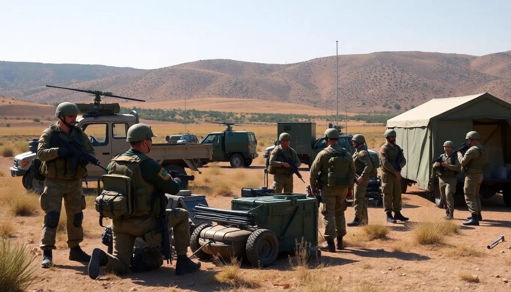Militares de diferentes nacionalidades operando en un campo de entrenamiento con vehículos y equipos de comunicación