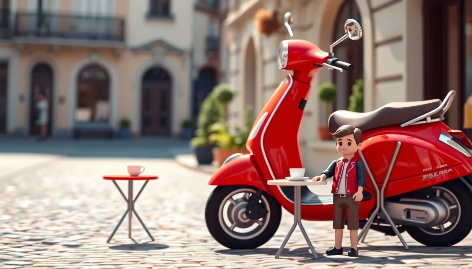 Set de Playmobil que replica una Vespa clásica con figura de conductor y accesorios urbanos