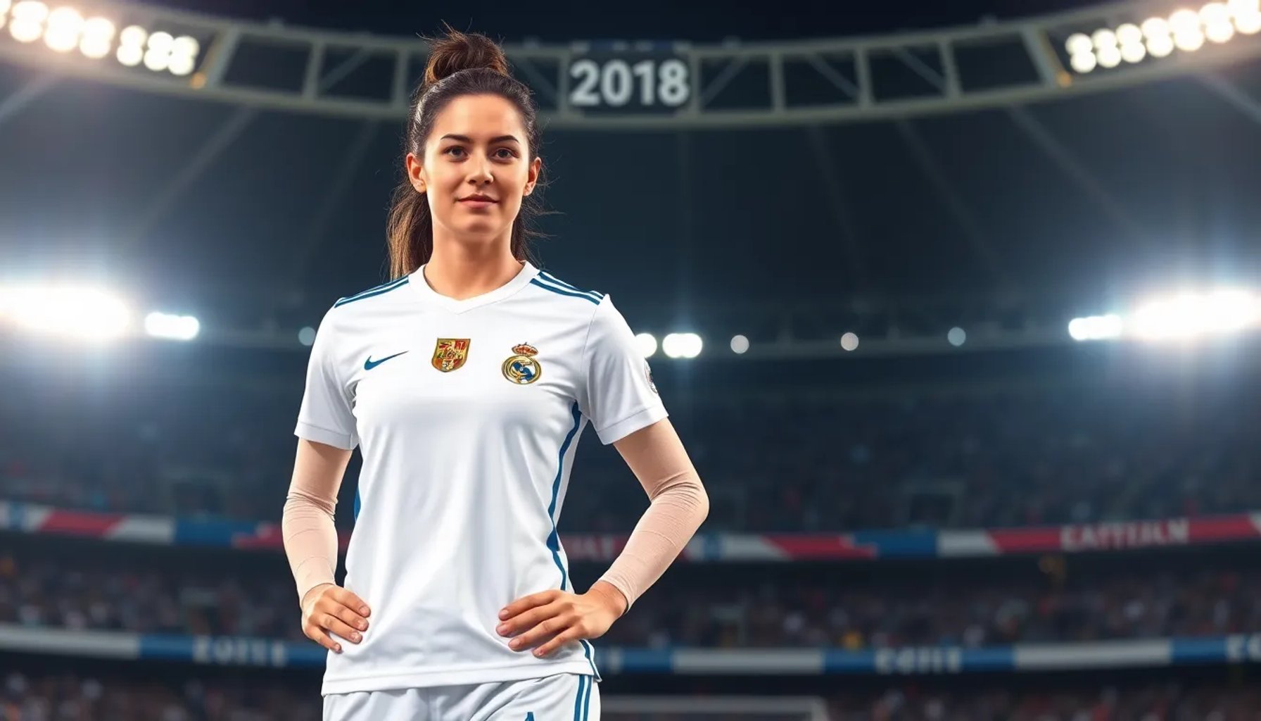Laia Codina celebrando con la camiseta del Real Madrid en el estadio Santiago Bernabéu