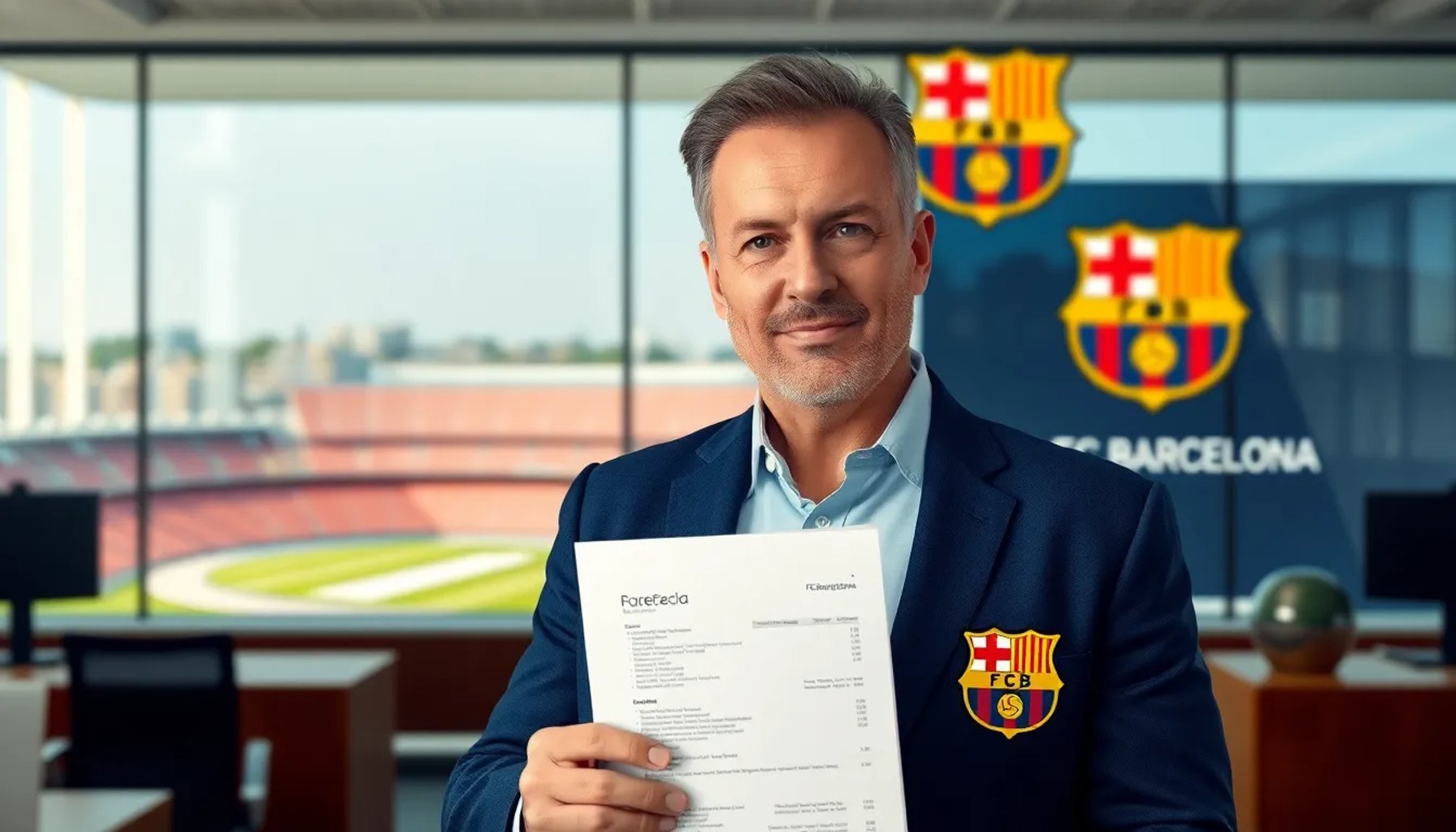 Joan Laporta en la sede del FC Barcelona revisando documentos financieros