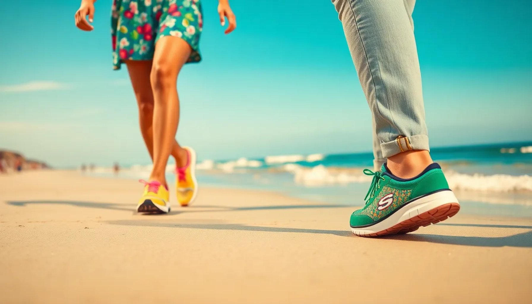 Pareja caminando por la playa con zapatillas Skechers coloridas y ligeras