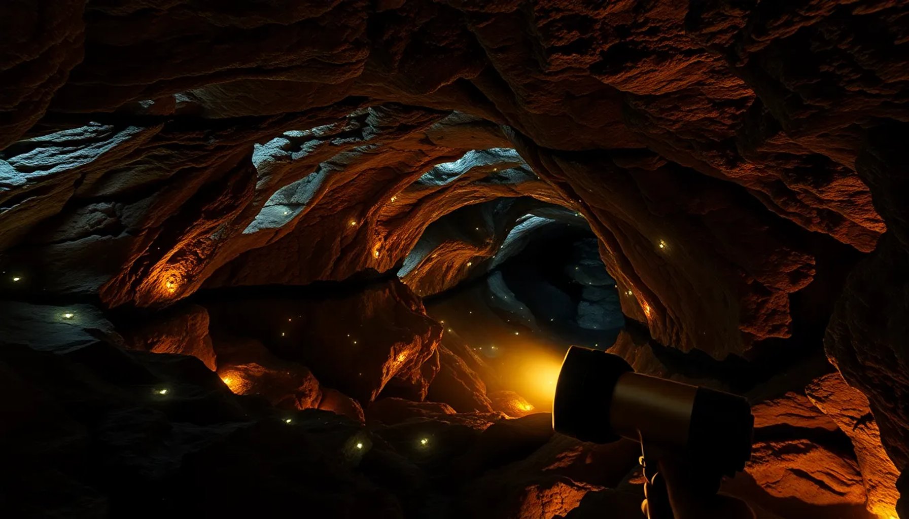 Imagen de un túnel de lava iluminado por luz tenue, mostrando formaciones rocosas y pequeñas criaturas bioluminiscentes