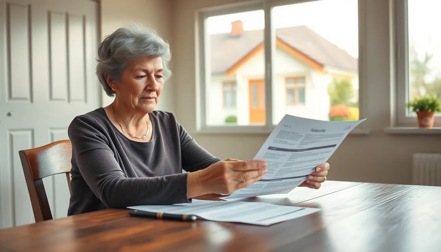 Mujer revisando documentos de ayuda social frente a su vivienda modesta bajo luz de atardecer