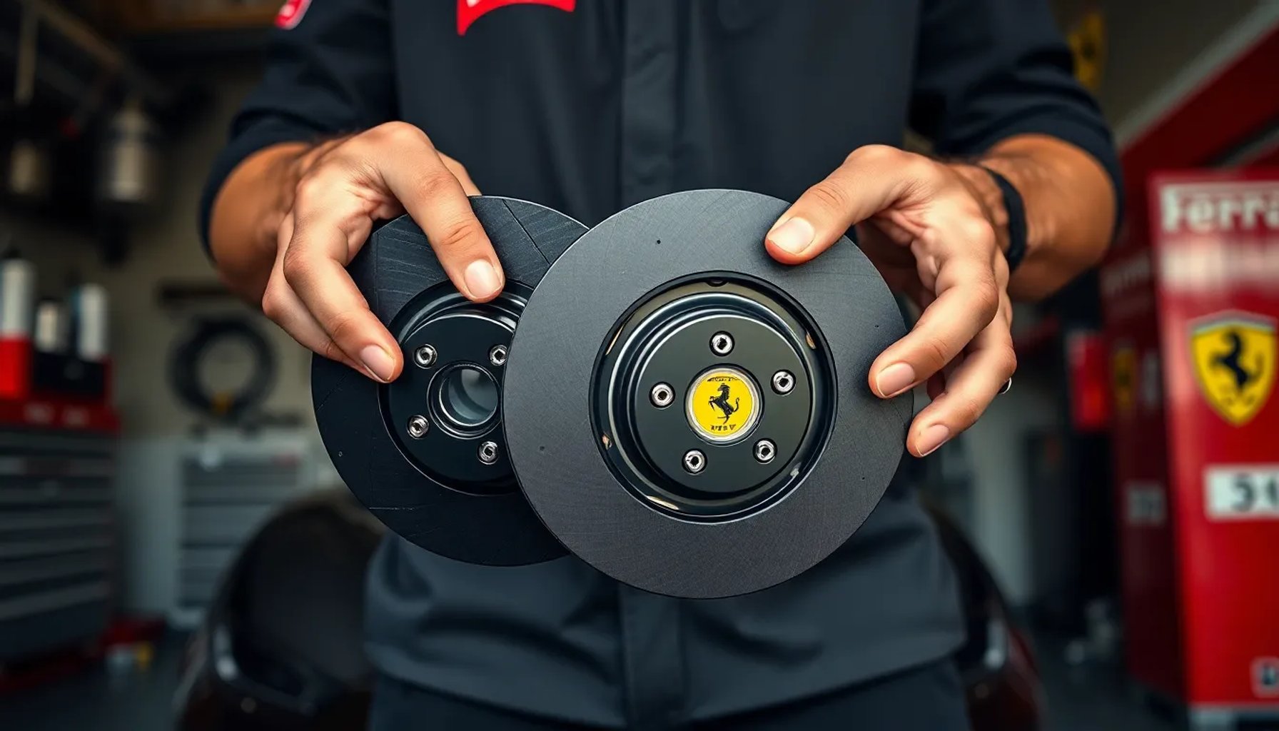 Charles Leclerc inspeccionando discos de freno Carbone Industrie en el garage de Ferrari