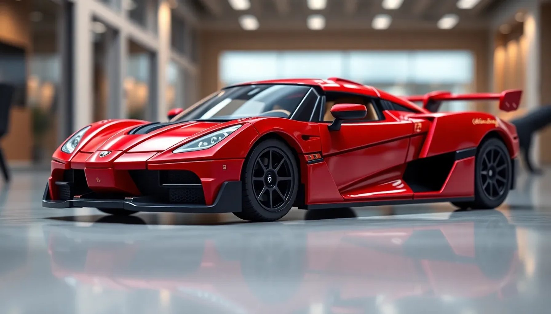 Modelo a escala 1:8 del Koenigsegg Jesko construido con ladrillos LEGO, mostrando detalle del motor y la carrocería brillante