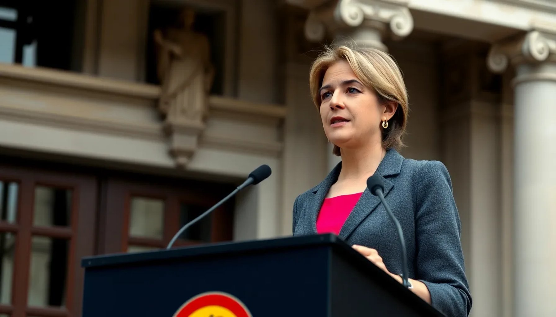 Leire Díez hablando frente a los medios mientras defiende su inocencia en el caso SEPI