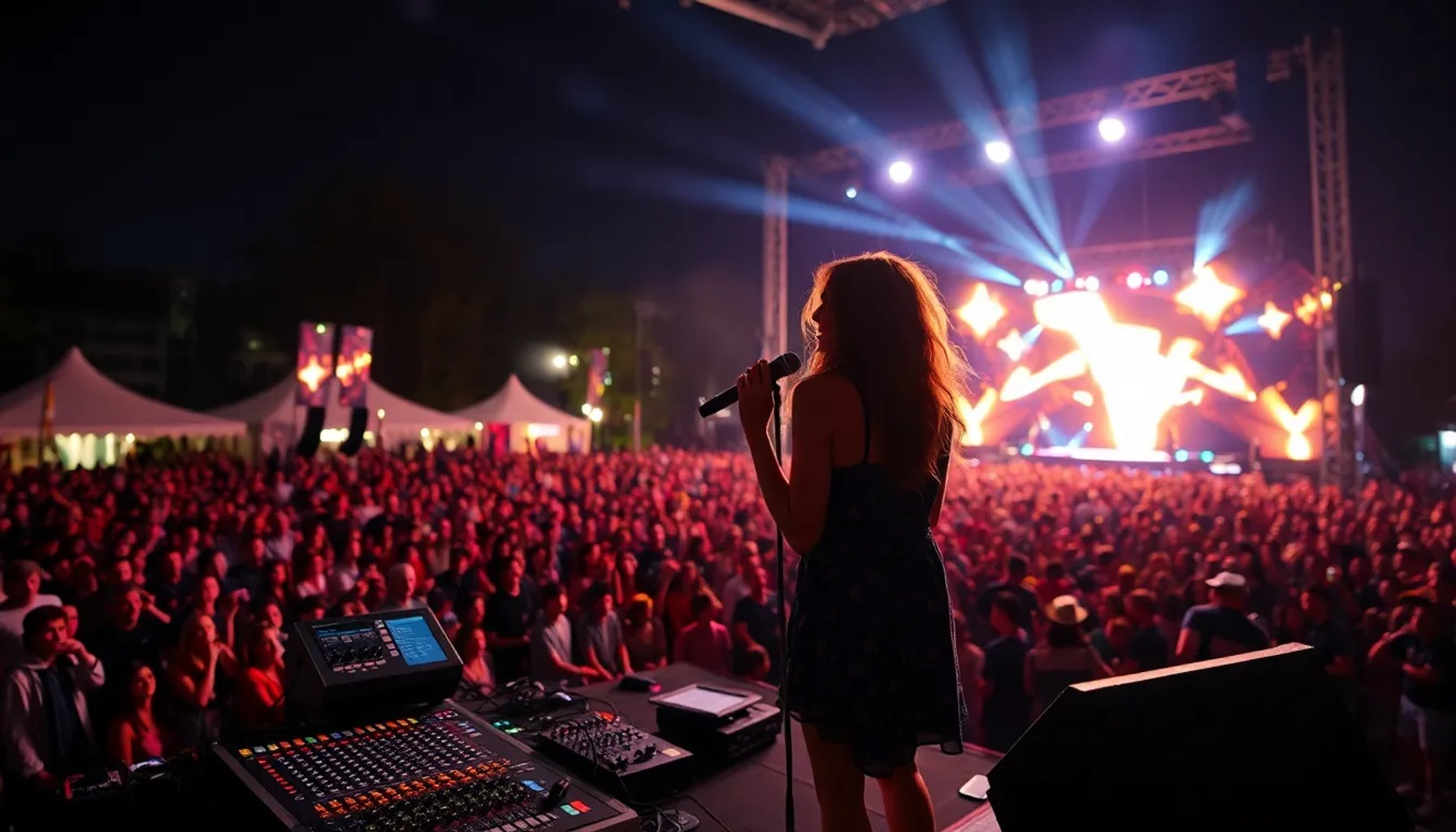 Leire Martínez actuando en el escenario del Festival de Les Arts de Valencia con luces y público