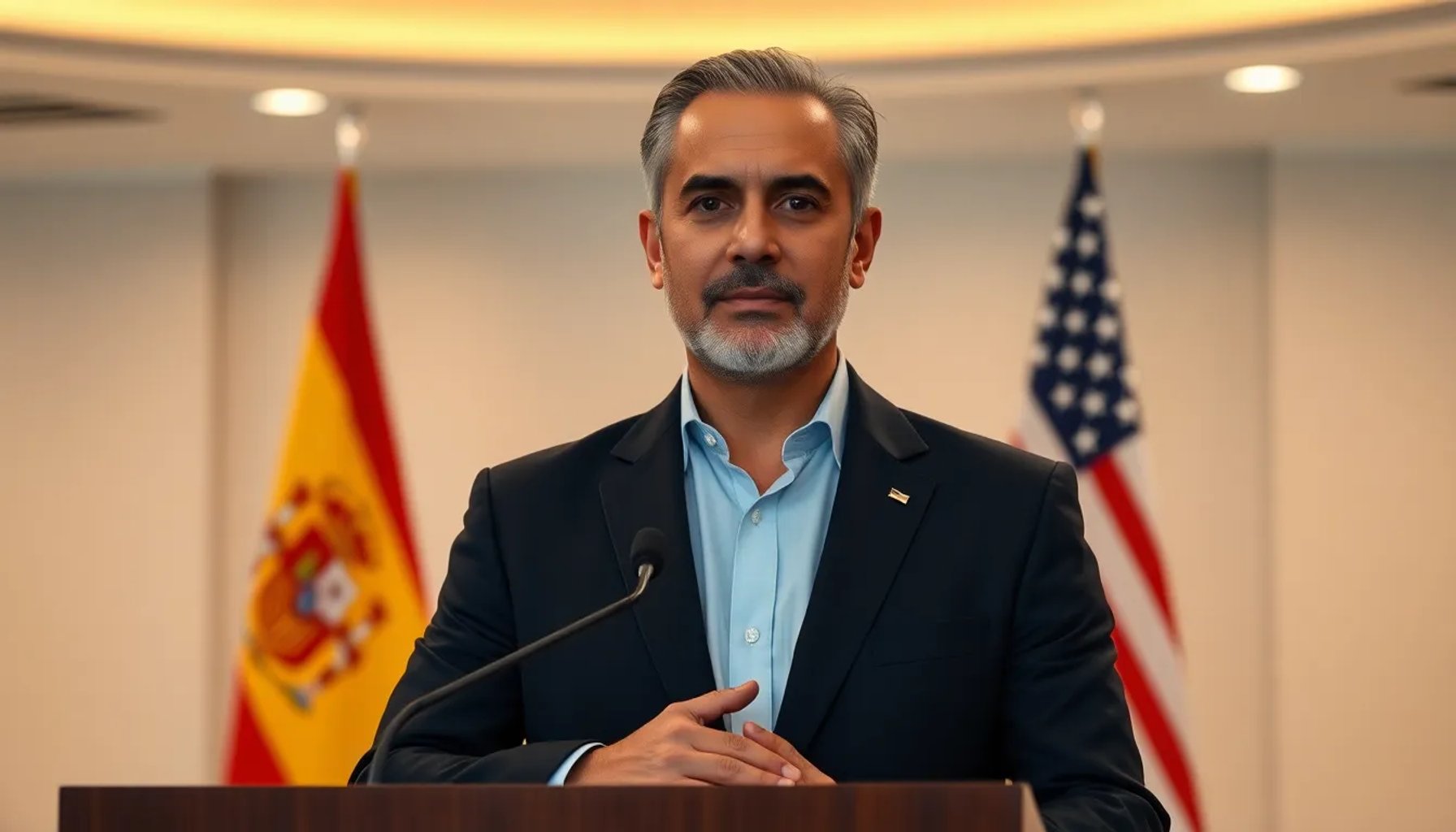 Leonardo Marcos en una conferencia en Florida, EE. UU., con banderas españolas y estadounidenses de fondo