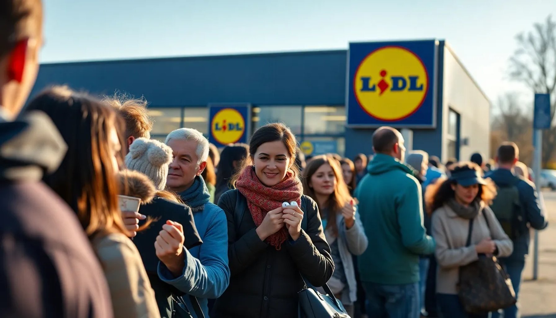 Fila de personas esperando frente a una tienda Lidl con auriculares inalámbricos en mano