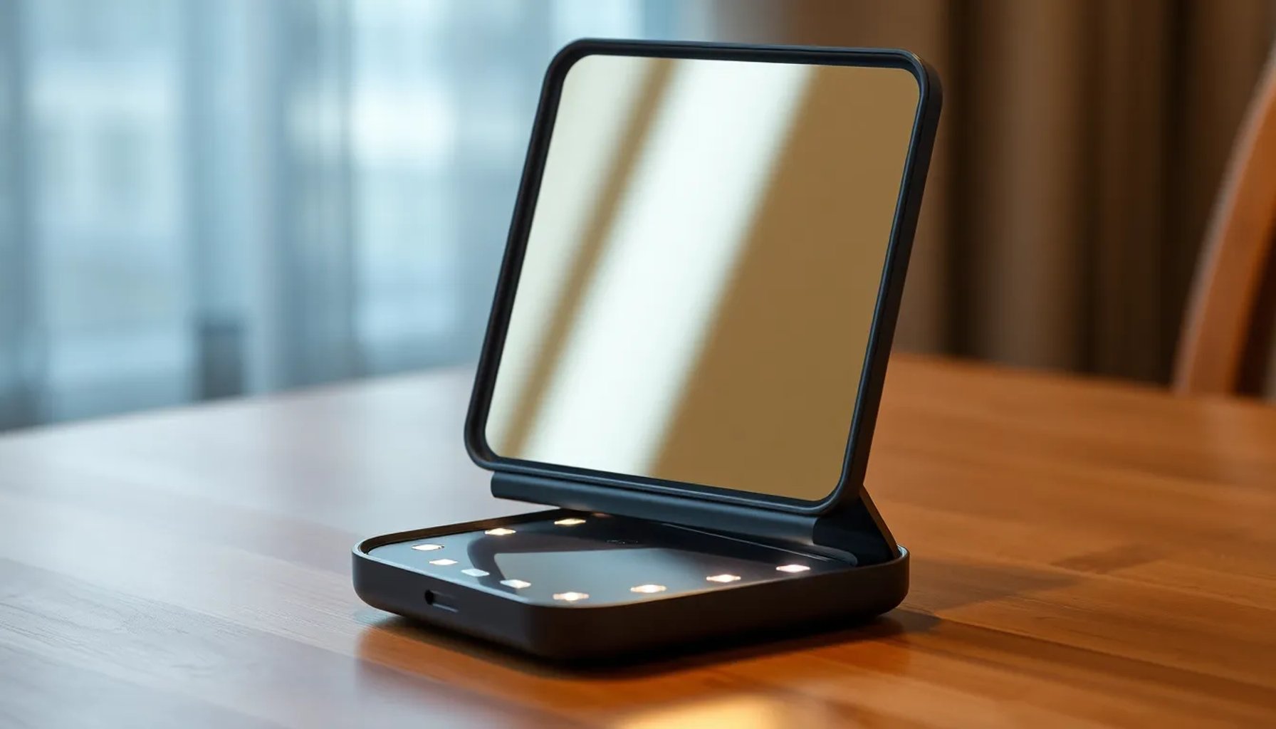 Espejo de viaje compacto con luz LED encendida, mostrando su superficie reflectante y soporte plegable
