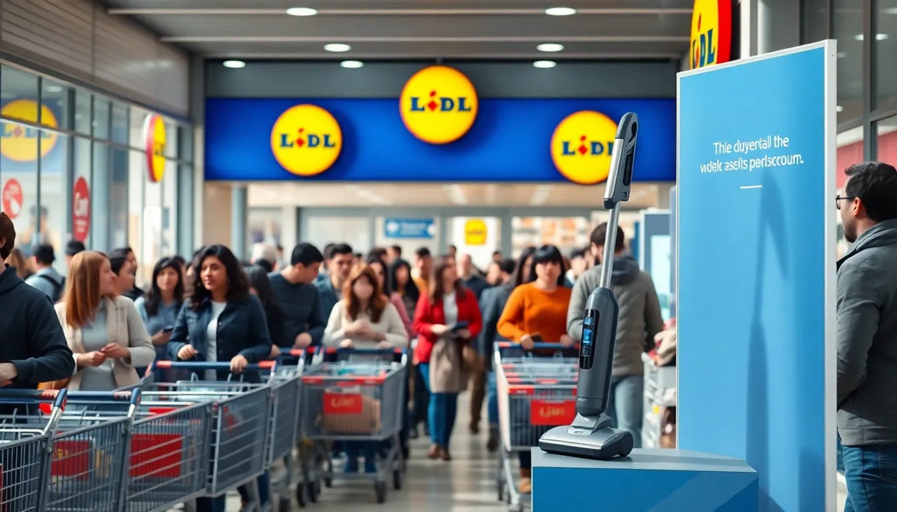 Cliente esperando en larga fila frente a la entrada de Lidl para comprar el nuevo aspirador sin cable de 84,99 €