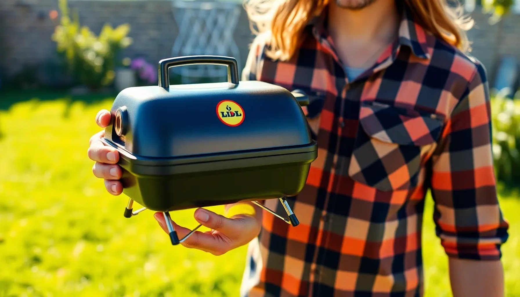 Cliente sonriente sosteniendo una barbacoa portátil de Lidl en un parque soleado