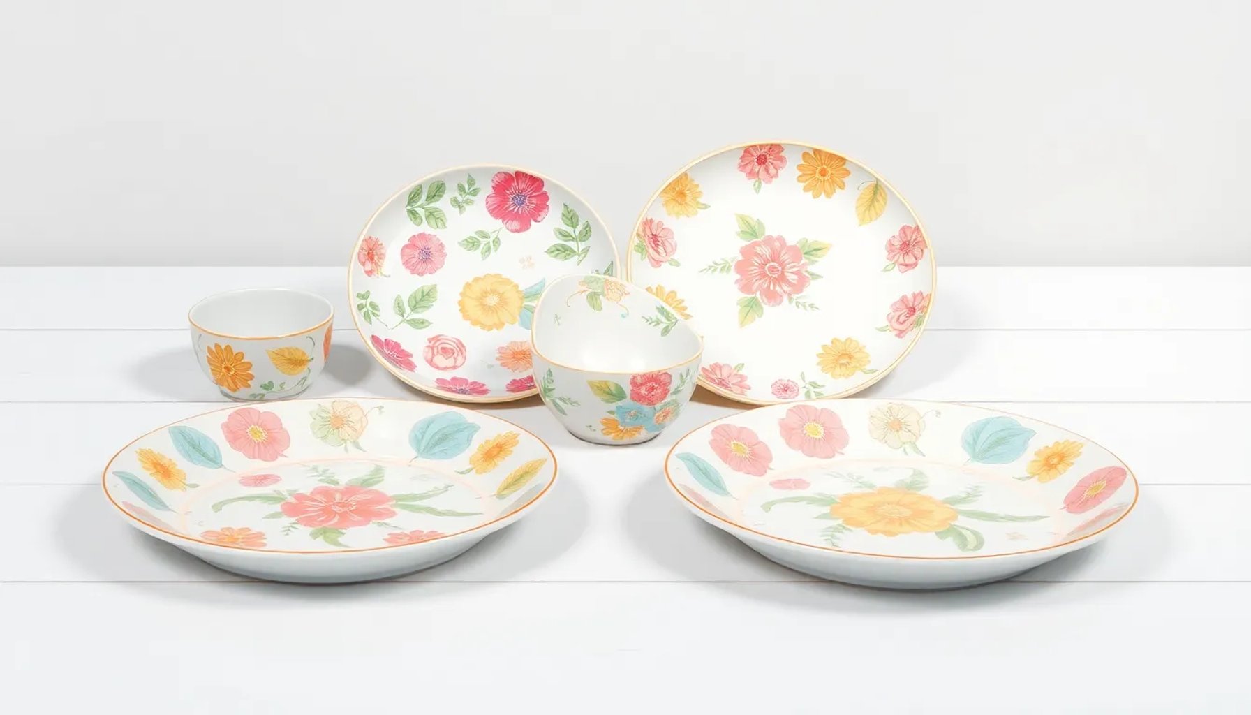 Vajilla colorida de Lidl con cuatro diseños primaverales sobre una mesa blanca