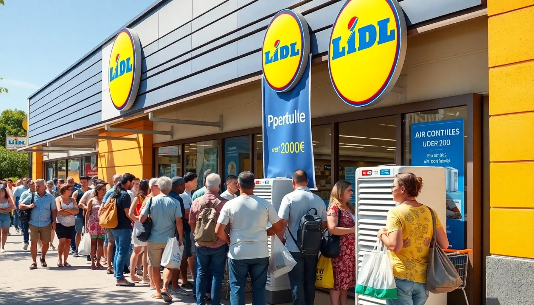 Cliente esperando en una larga fila frente a la entrada de un supermercado Lidl para comprar un aire acondicionado portátil de menos de 200 euros