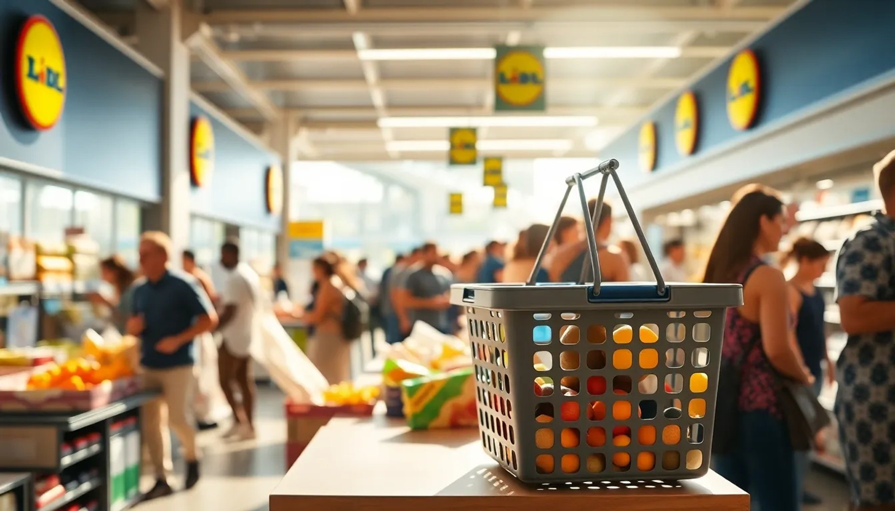 Cesta de compra térmica de Lidl rodeada de gente bajo el sol de verano