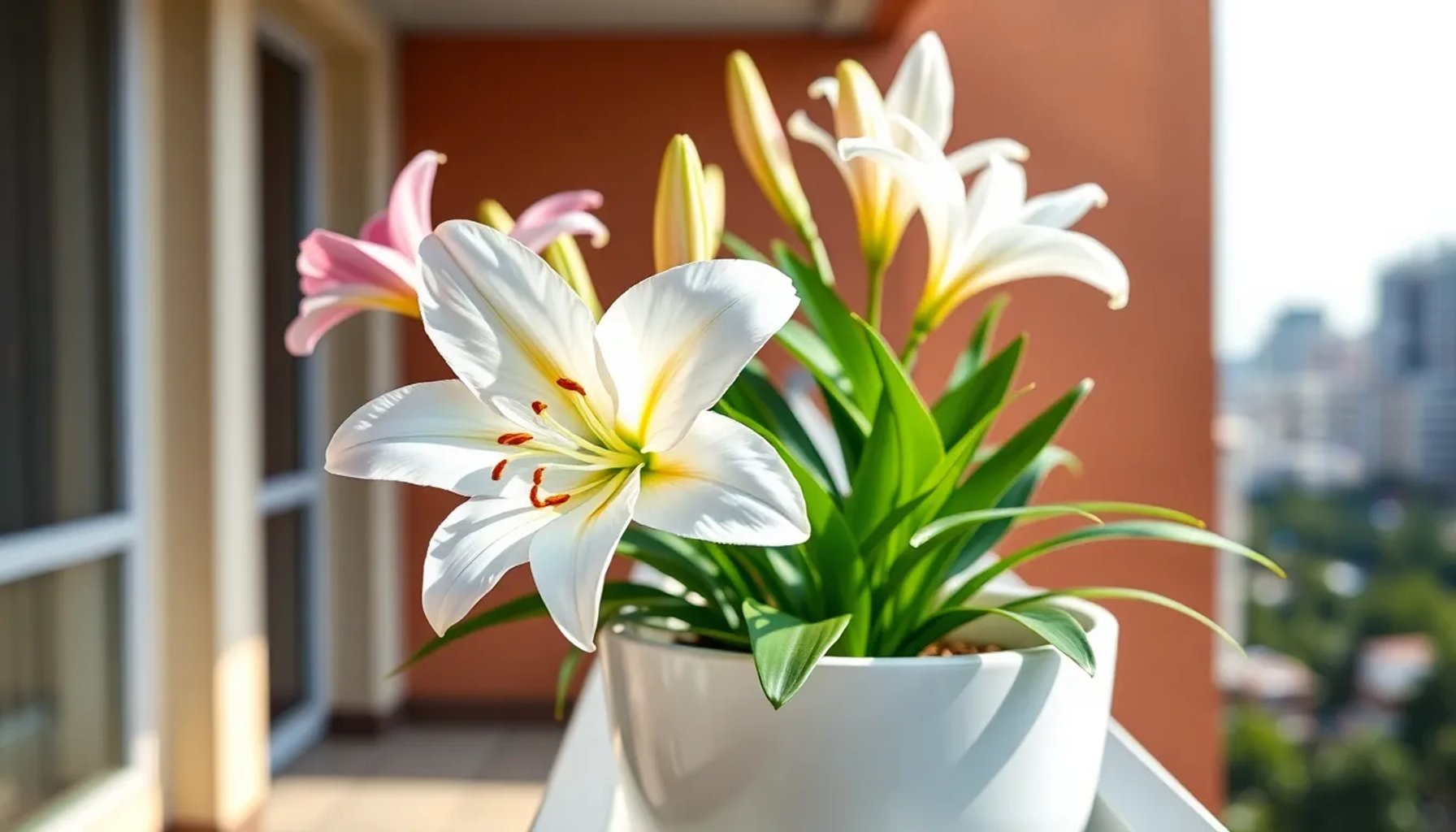 Lirio asiático blanco y rosa en maceta, listo para decorar balcones