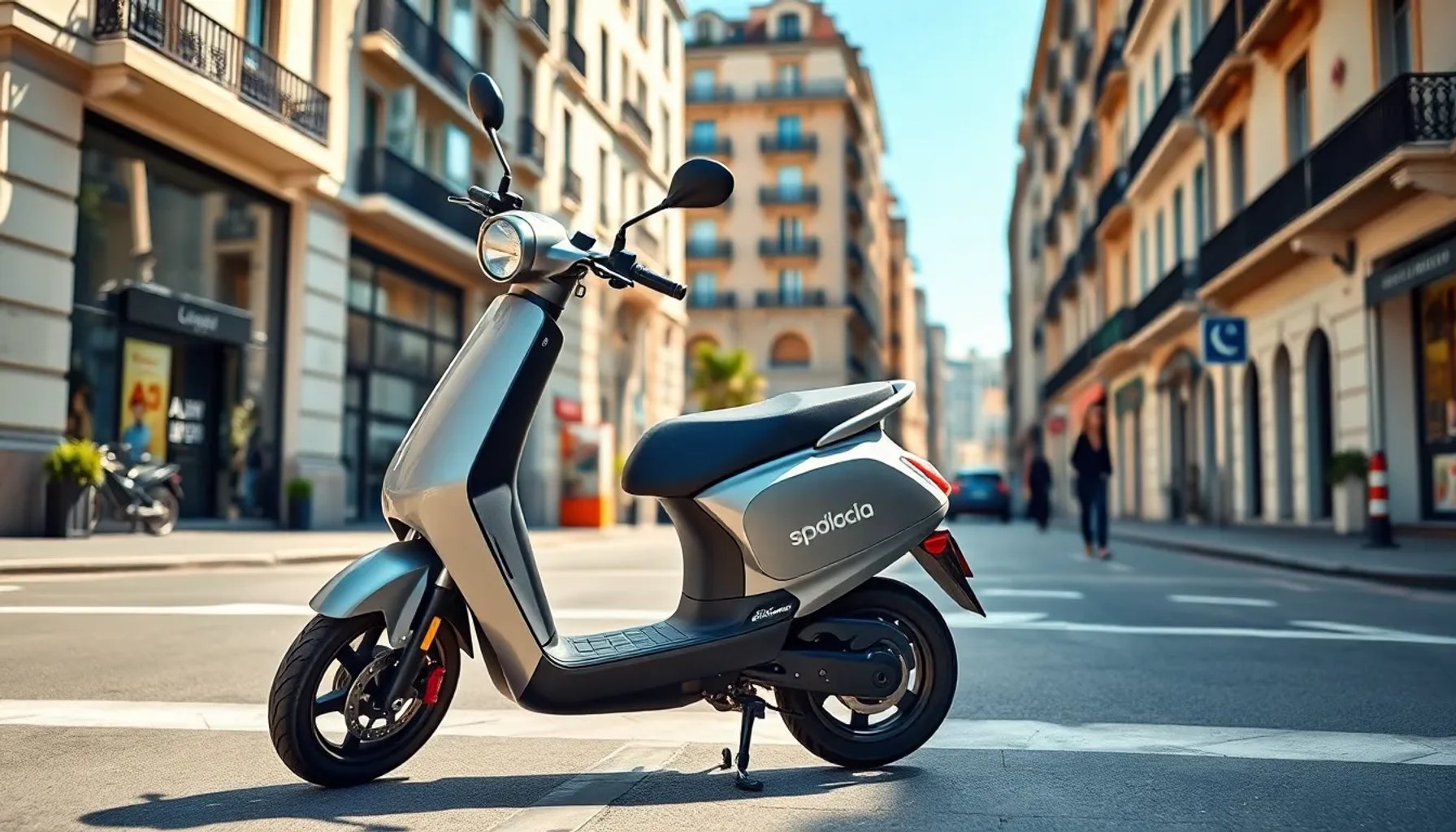 Scooter eléctrico Zairon urbano bajo coste circulando por una calle española soleada