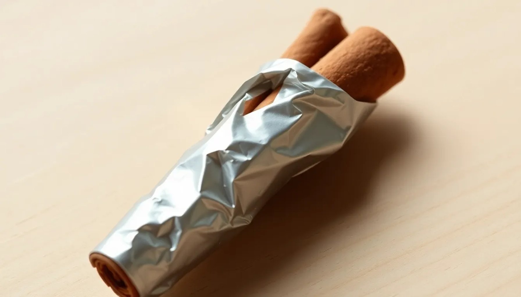 Una ramita de canela envuelta en papel aluminio sobre una tabla de madera clara
