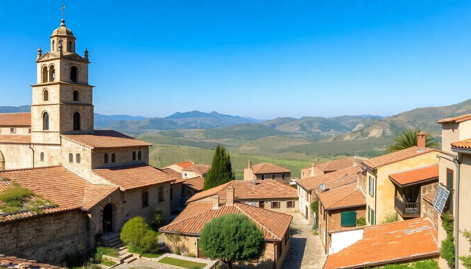 Vista panorámica de Loquillo: iglesia gótica de piedra, casas de tejas rojas y viñedos en las colinas de fondo