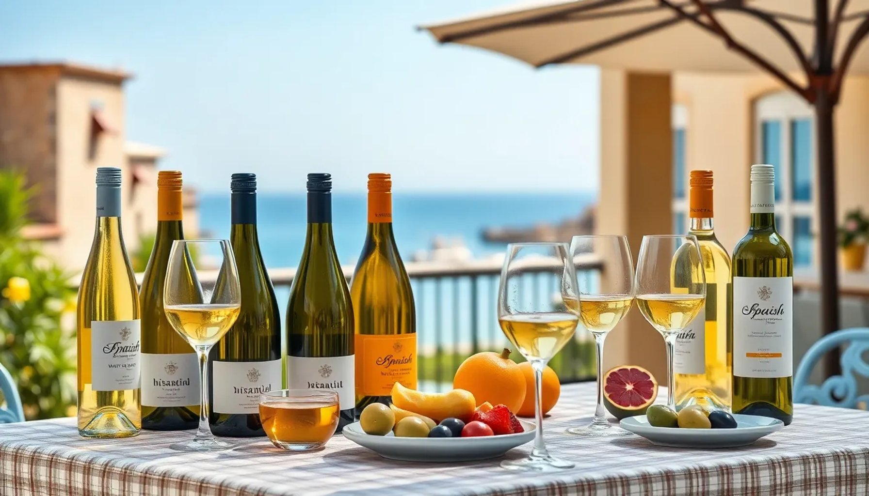 Selección de siete botellas de vino blanco español sobre una mesa de verano con copas, frutas y aceitunas