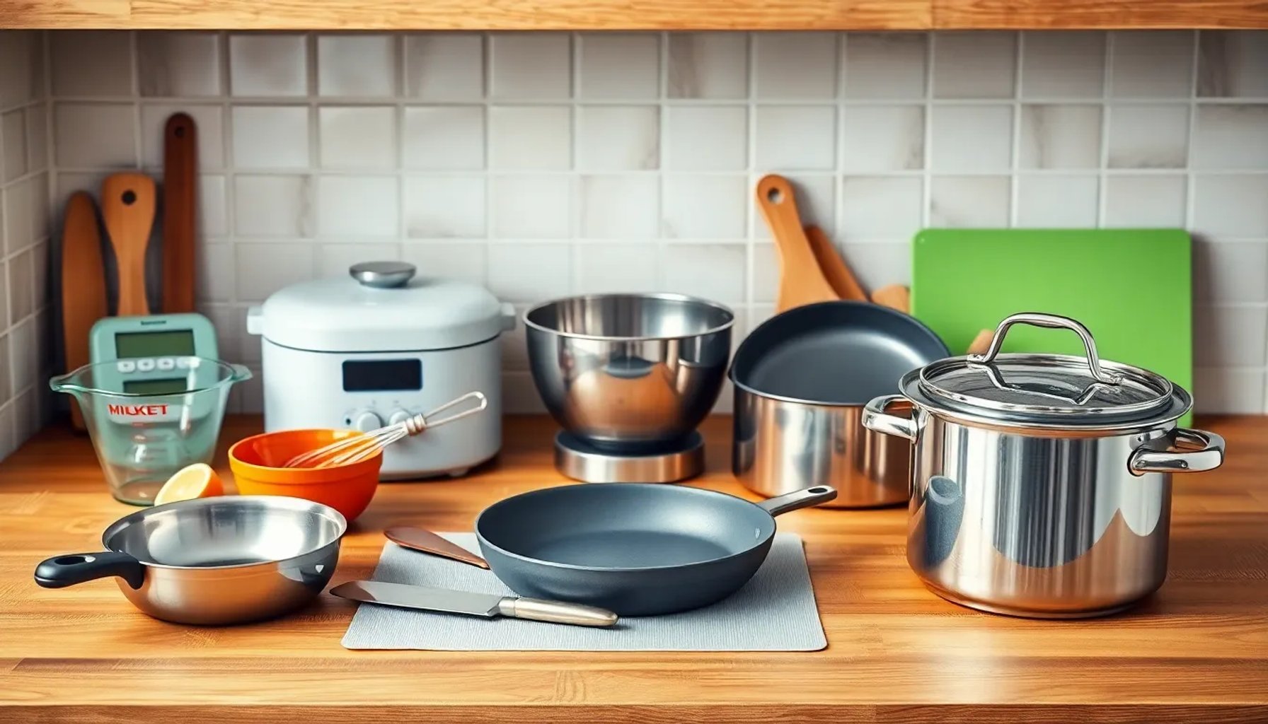 Conjunto de nueve utensilios de cocina esenciales sobre una encimera de madera