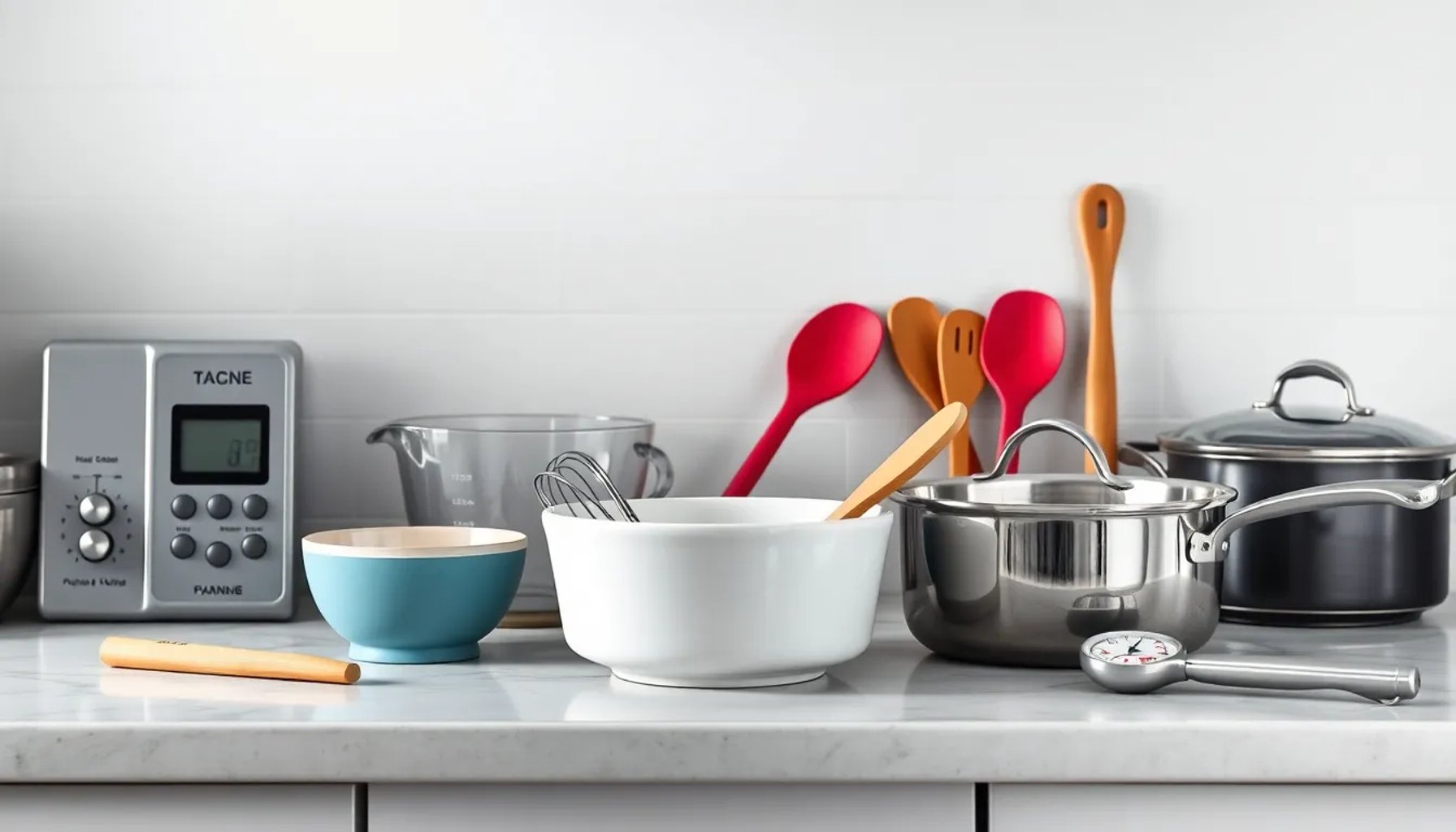 Imagen de los nueve utensilios de cocina esenciales sobre una encimera de madera