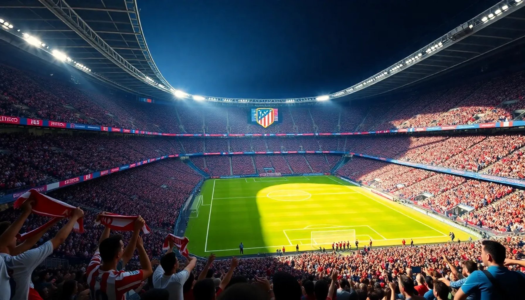 Aficionados del Atlético de Madrid celebrando en el Estadio Metropolitano con bufandas y banderas rojiblancas