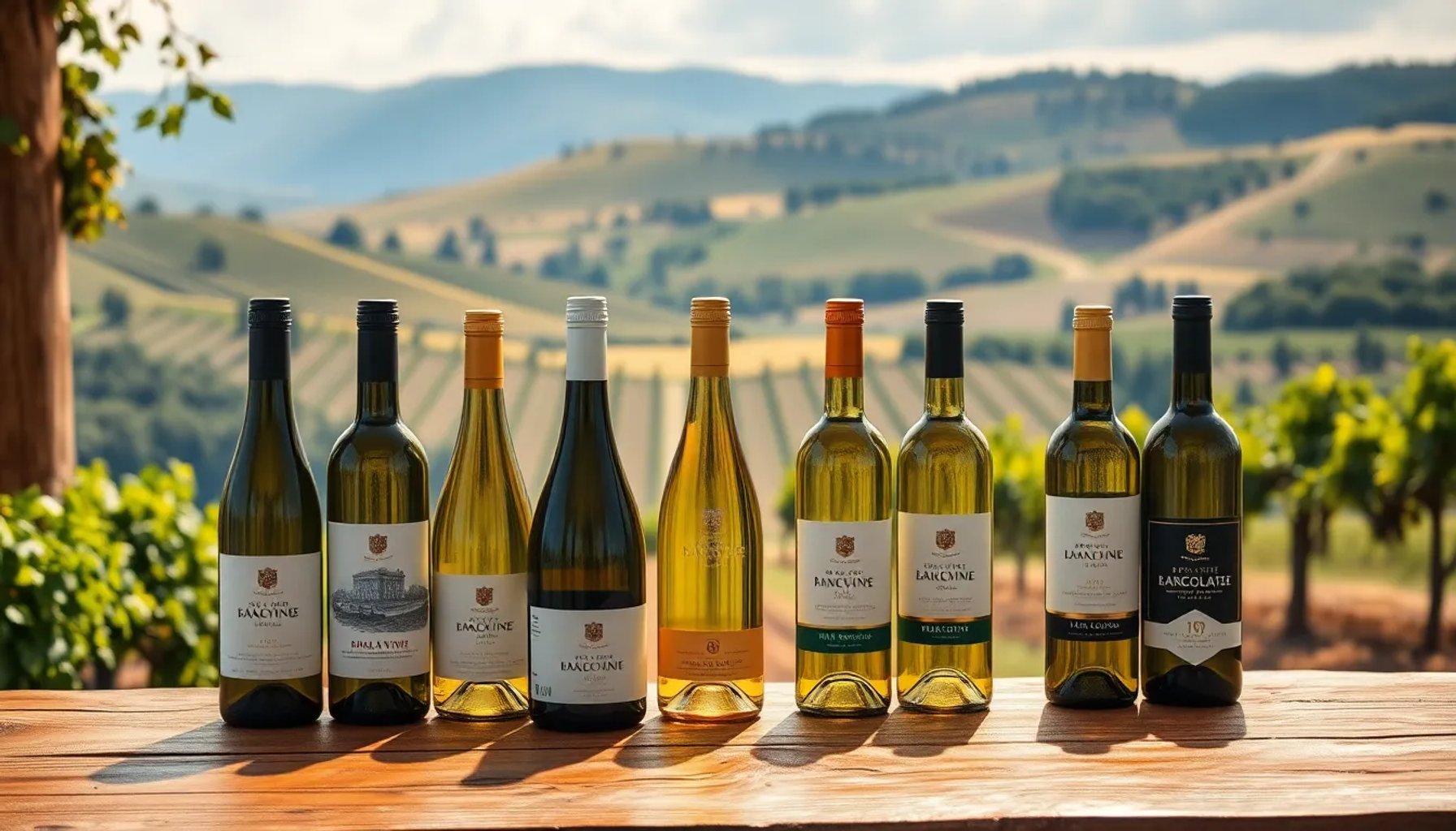 Botellas de vino blanco de alta gama alineadas sobre una mesa de roble, con viñedos de fondo bajo luz dorada