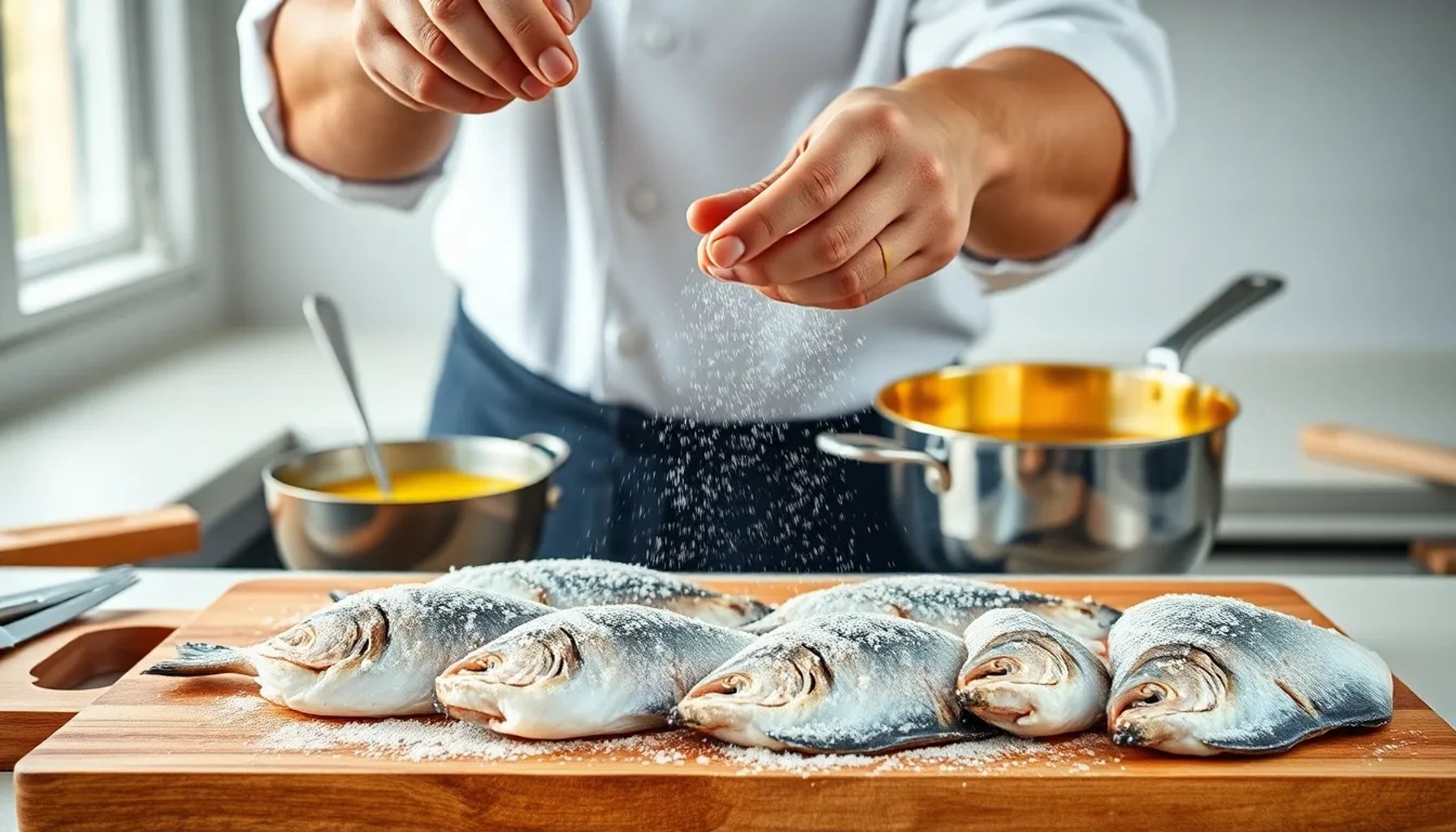 Chef andaluz espolvoreando harina sobre filetes de pescado antes de freírlos en aceite brillante