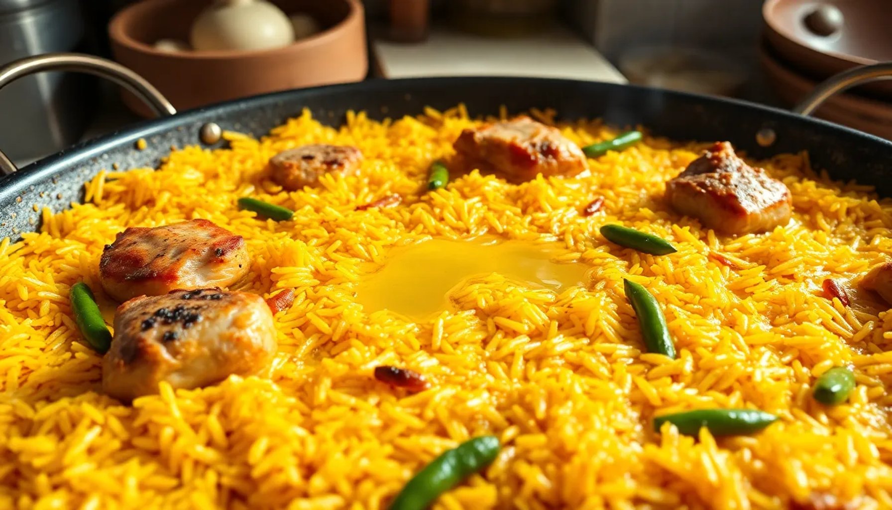 Paella valenciana con capa brillante de aceite caliente sobre el arroz