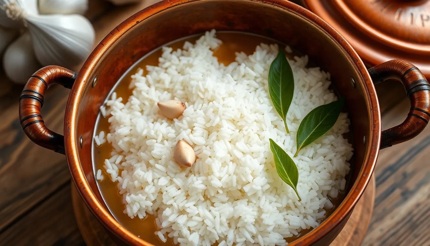 Arroz blanco cocido en una cazuela con ajo, laurel y caldo casero, servido en una mesa de cocina española