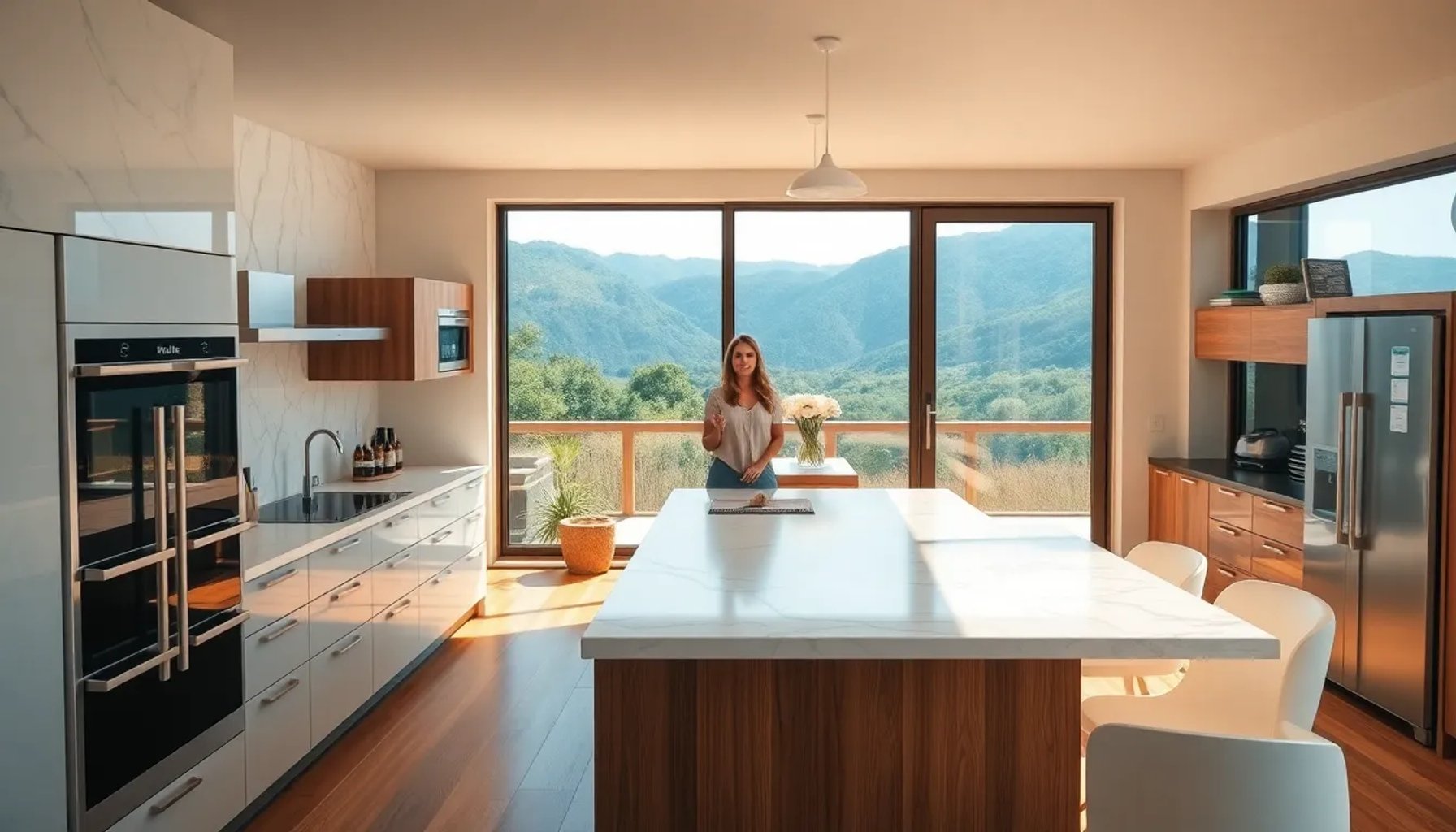 Nuria Roca en su cocina luminosa de estilo gourmet, rodeada de electrodomésticos de acero y una mesa de madera para compartir