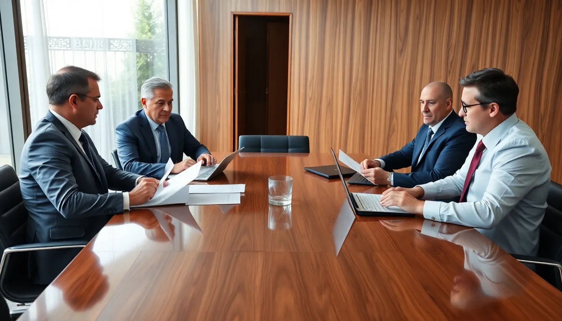 Directivos de los principales bancos españoles reunidos alrededor de una mesa discutiendo la carga fiscal que afecta sus beneficios.