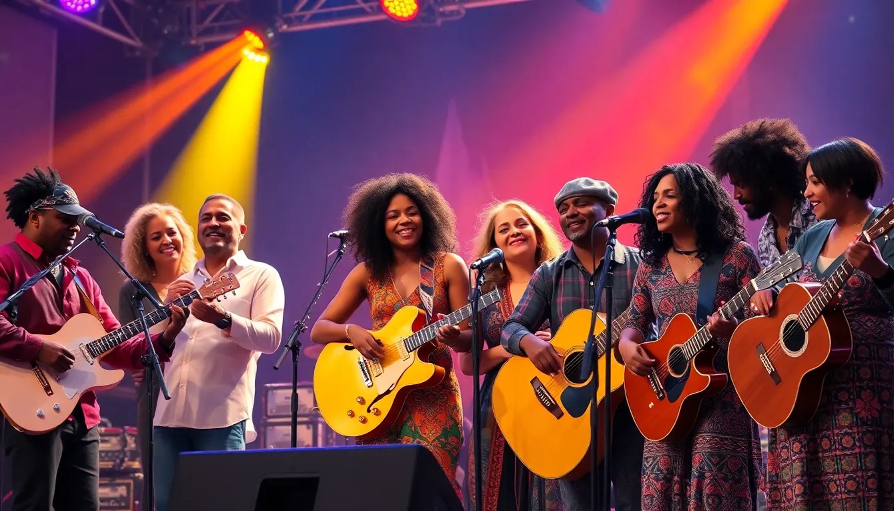 Músicos de diferentes etnias tocando juntos en un escenario vibrante