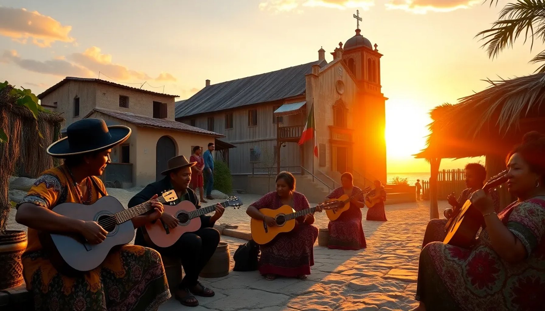 Miembros de la comunidad Mascogo en El Maso, Tamaulipas, con trajes tradicionales y música en vivo