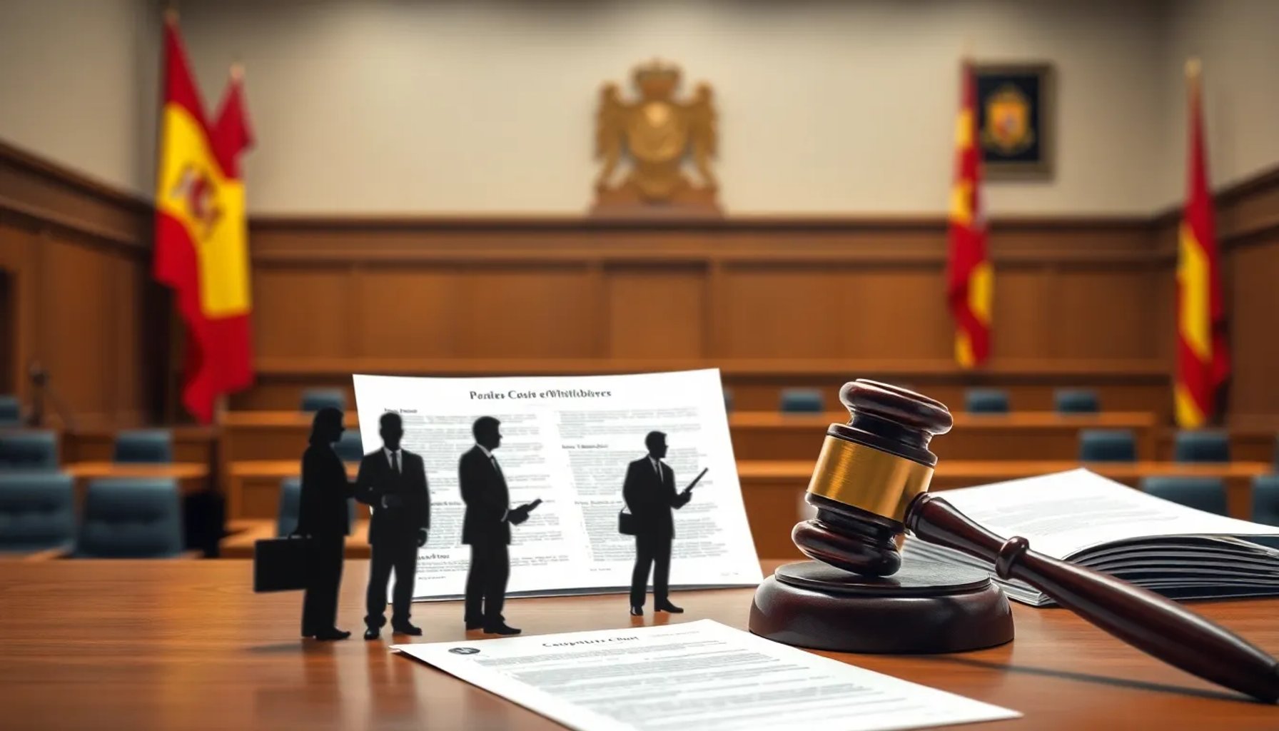 Ilustración de documentos legales y figuras relacionadas con casos de corrupción en España