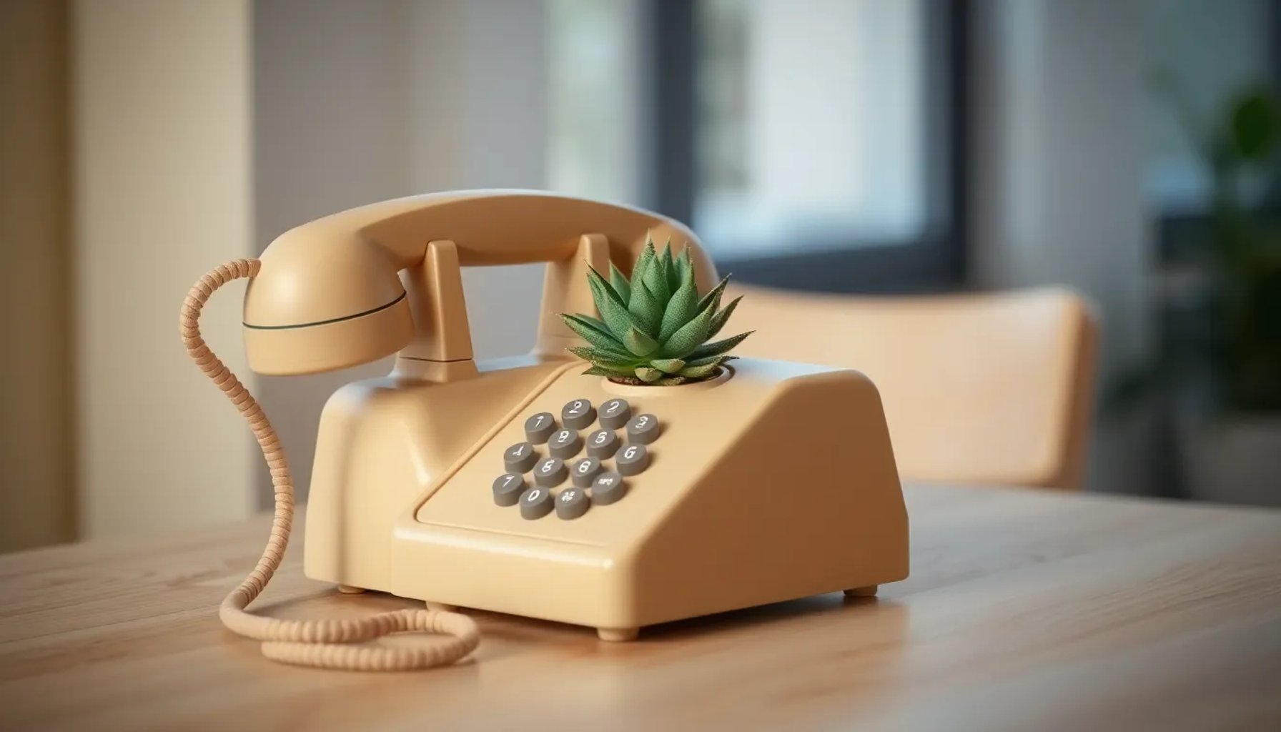 Teléfono fijo vintage convertido en maceta con suculentas sobre una mesa de madera