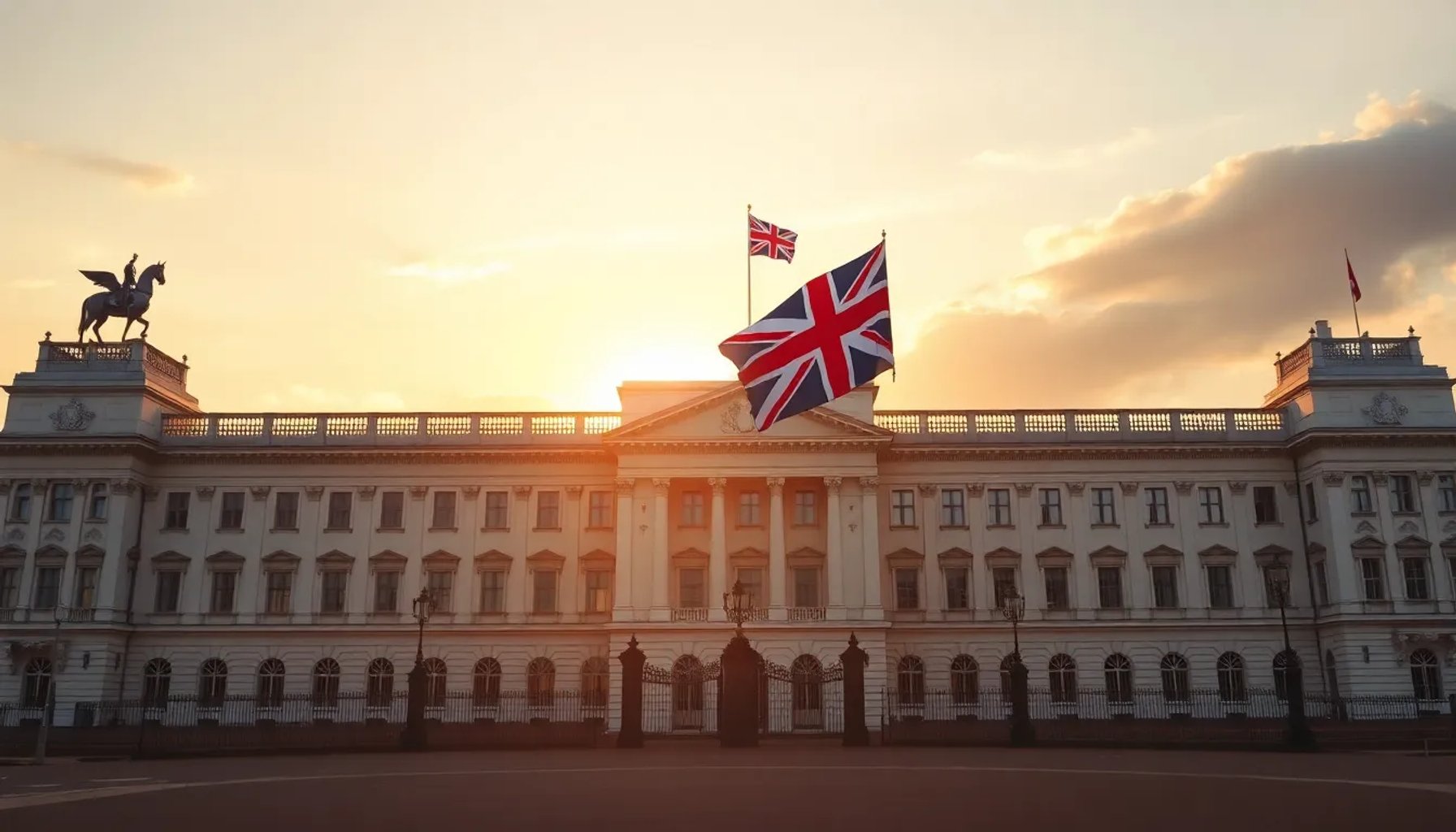 Vista frontal del Palacio de Buckingham al atardecer con la bandera británica ondeando